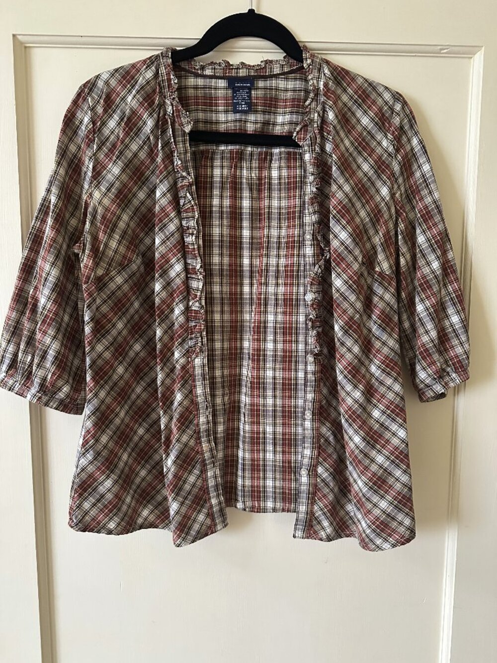 Basic Editions Womens Medium Red Plaid Button Down Shirt Ruffle Trim Cotton Top